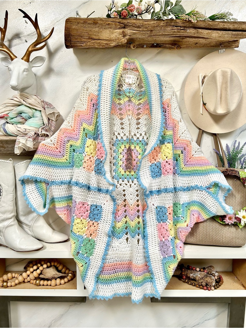 Rare Artisan Granny square boho duster Cocoon kimono w prairie cottagecore vibe